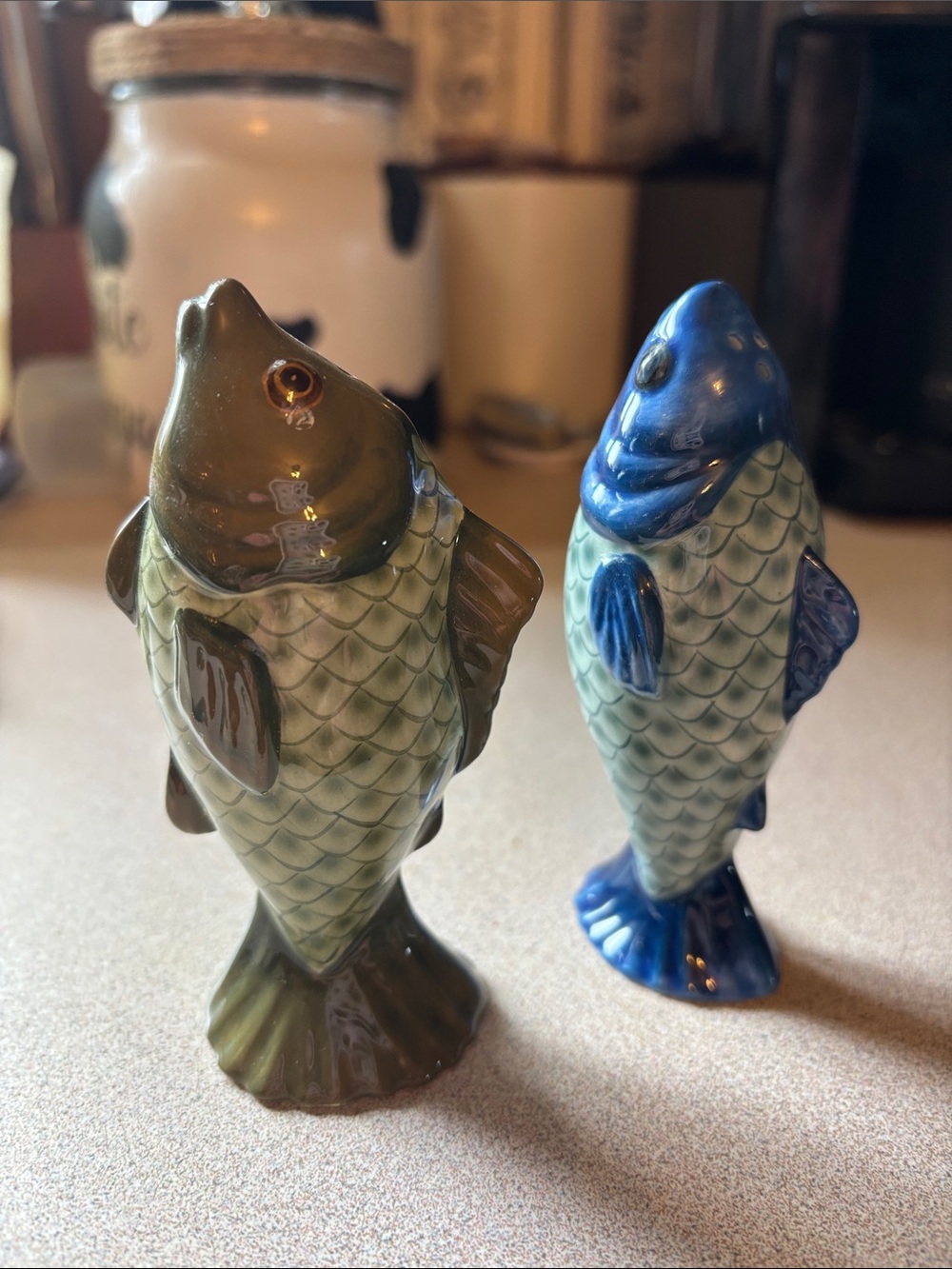 Ceramic Fish Salt and Pepper Shakers - Blue & Olive